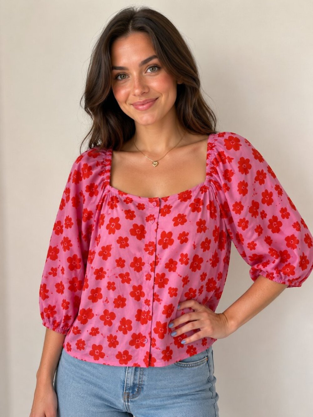 $89 Sanctuary Pink & Red Floral Puff Sleeve Blouse Size Small